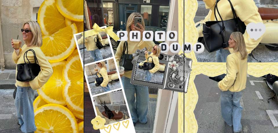 Seamless carousel open in the PSTR editor: a polaroid strip and a lace band sit across the boundaries between slides