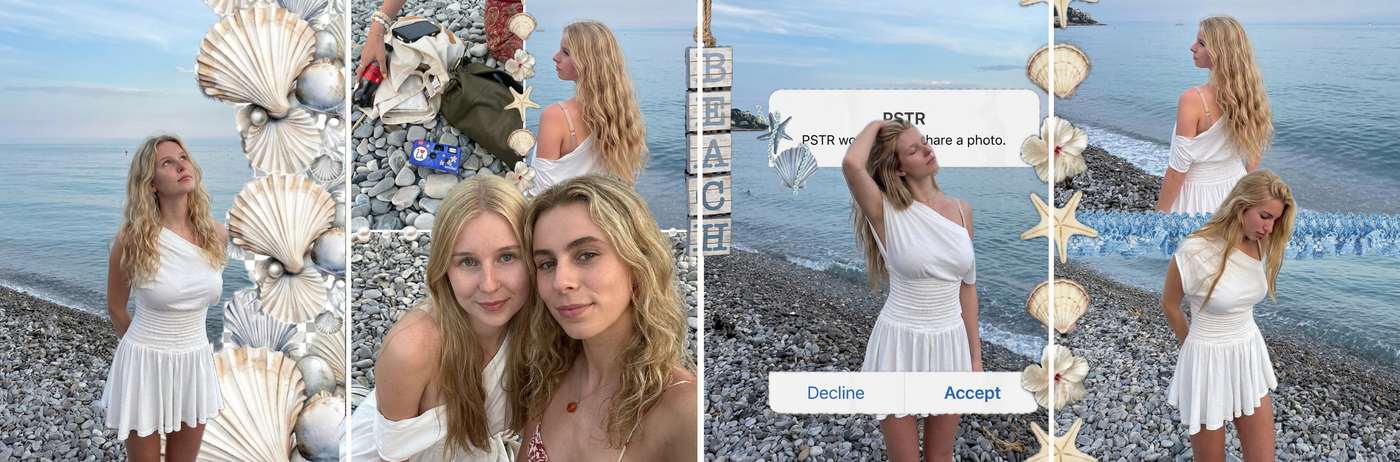 Four slides of a beach photo dump made in PSTR with shell stickers, letter tiles and a screenshot overlay